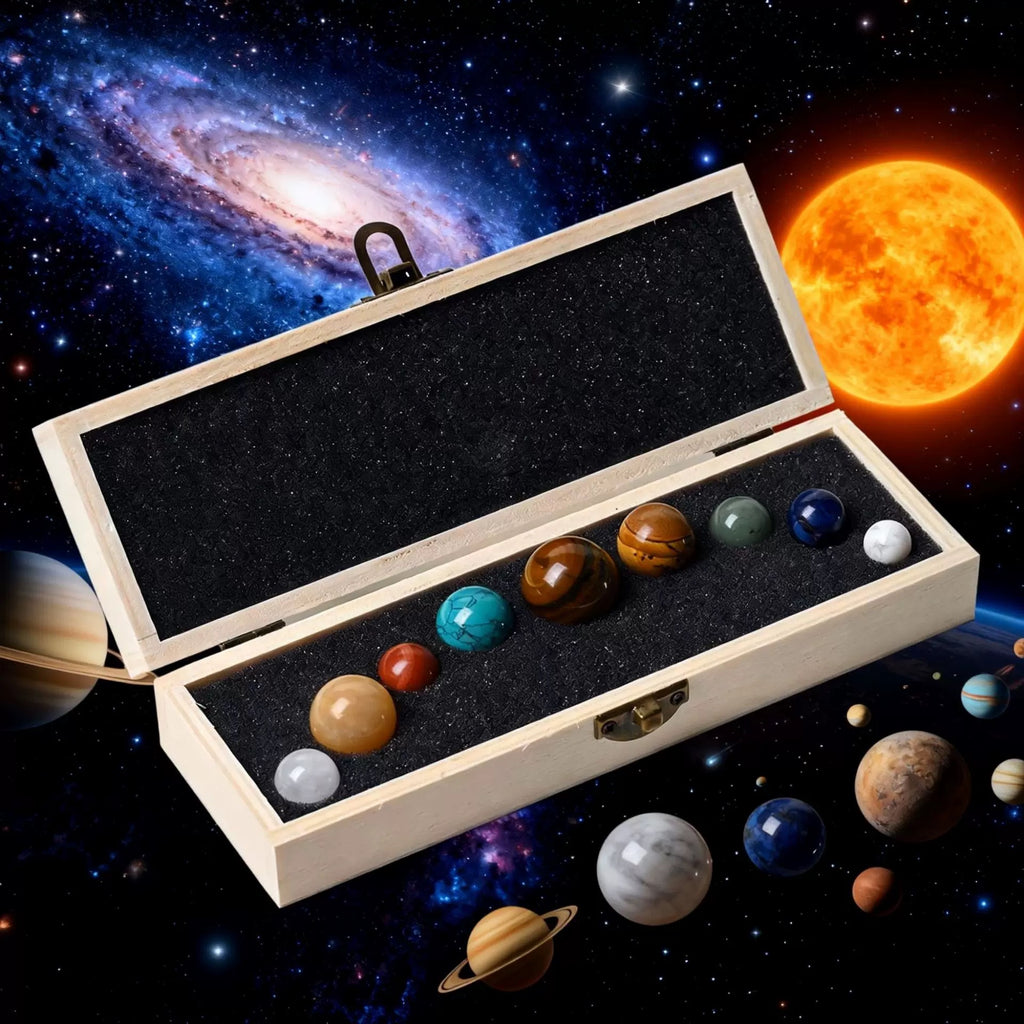Wooden box with model solar system planets against a space-themed background